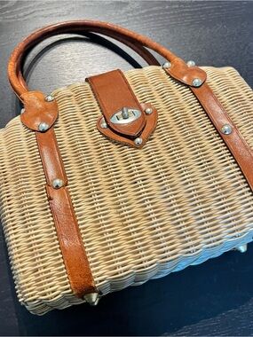 Vintage Woven Tote with Brown Leather Trim